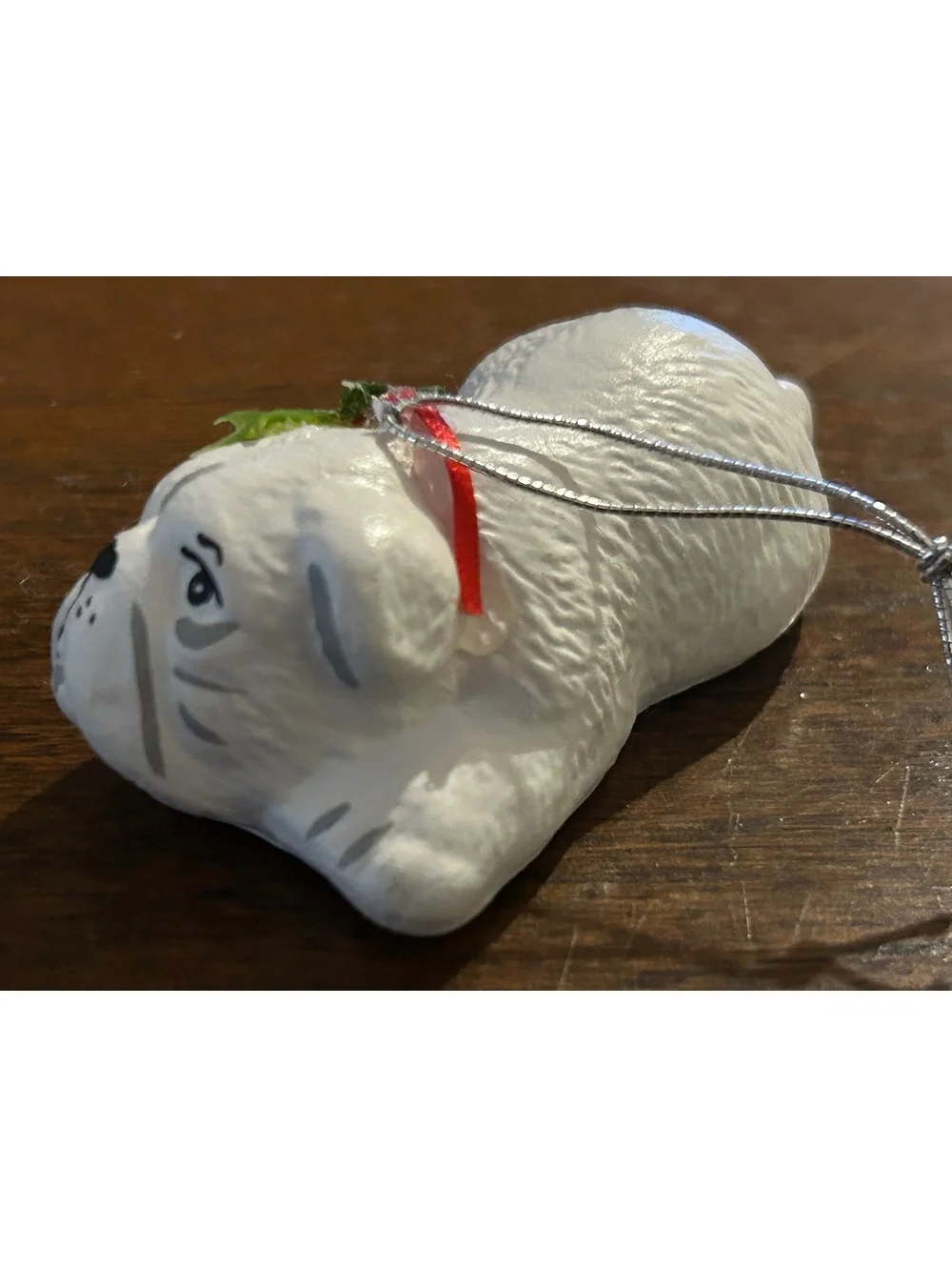 Vintage White Bulldog Christmas Ornament with Holly Accent